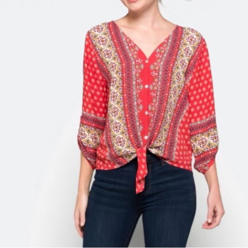 Red Printed Tie-Front Boho Blouse